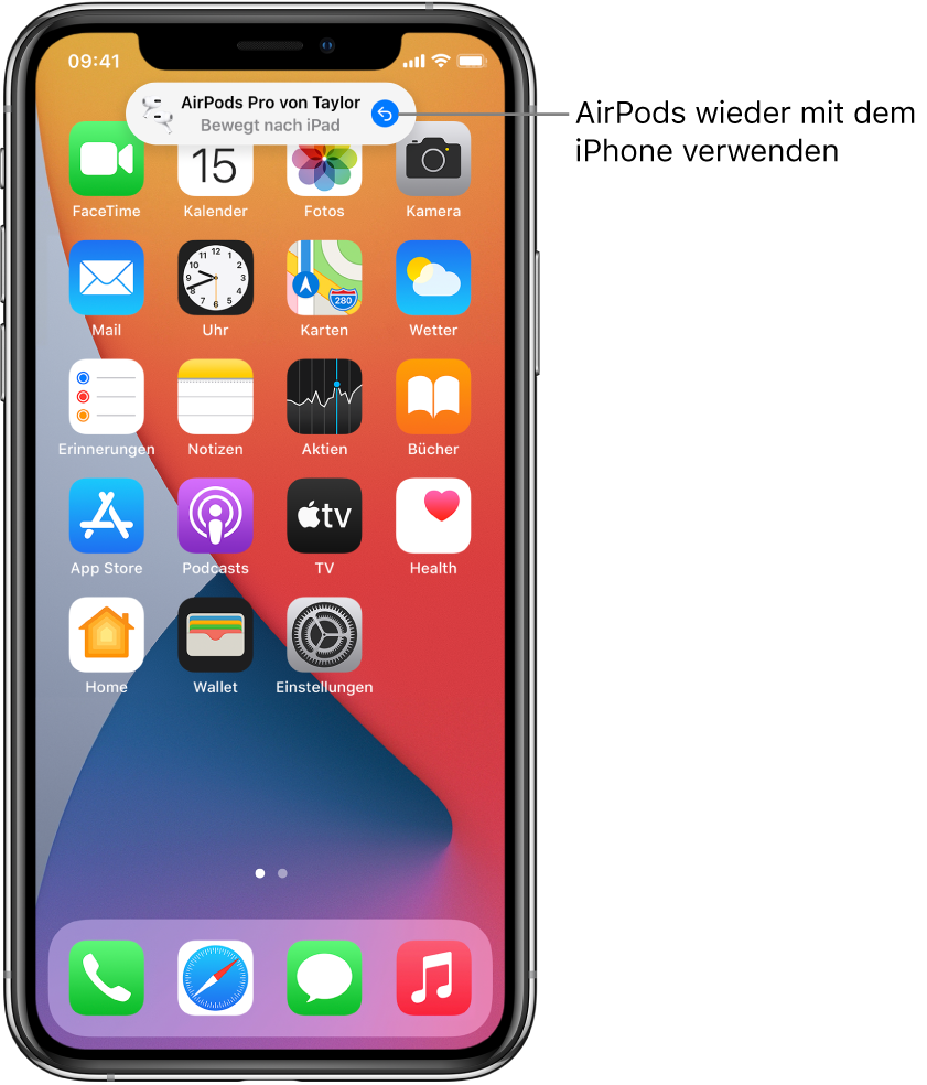 Der Sperrbildschirm mit der Nachricht „AirPods Pro von Taylor gewechselt zu iPad“ und einer Taste zum erneuten Verbinden der AirPods mit dem iPhone.