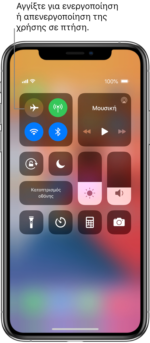 Η οθόνη του Κέντρου ελέγχου με μια επεξήγηση για το ότι το άγγιγμα στο κουμπί πάνω αριστερά ενεργοποιεί τη Χρήση σε πτήση.