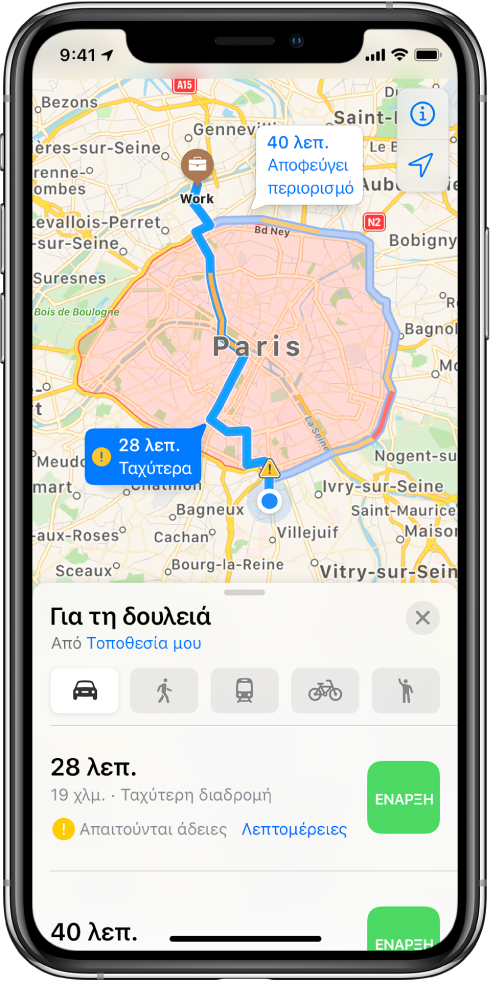 Ένας οδικός χάρτης του Παρισιού στο κέντρο, όπου φαίνονται μια γρήγορη διαδρομή που διασχίζει την πόλη και μια πιο αργή διαδρομή γύρω από την πόλη που αποφεύγει τους περιορισμούς.
