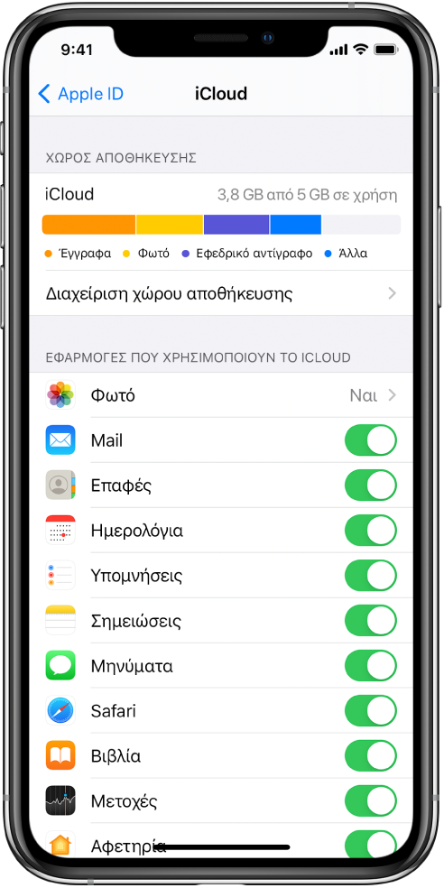 Η οθόνη ρυθμίσεων του iCloud που εμφανίζει τον μετρητή χώρου αποθήκευσης iCloud και μια λίστα εφαρμογών και δυνατοτήτων, συμπεριλαμβανομένων του Mail, των Επαφών και των Επαφών, οι οποίες μπορούν να χρησιμοποιηθούν με το iCloud