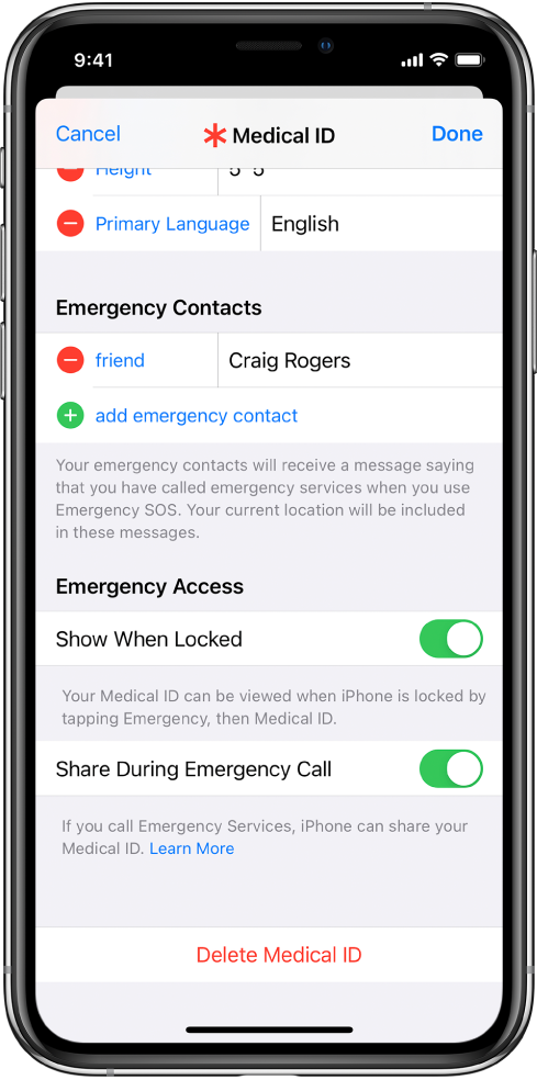 A Medical ID screen. At the bottom are the options to show your Medical ID information when the iPhone screen is locked and when you make an emergency call.