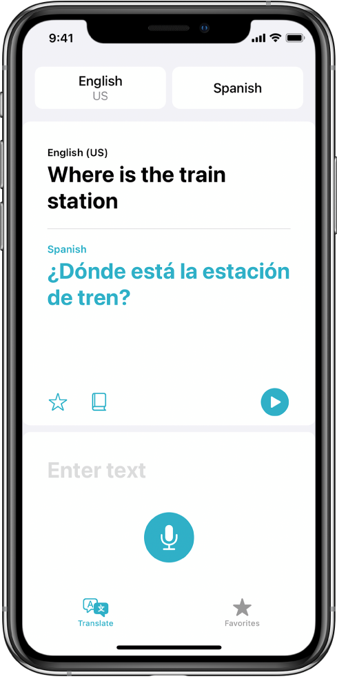 The Translate tab, showing two language selectors—English and Spanish—at the top, a translation in the center, and the Enter Text field near the bottom.