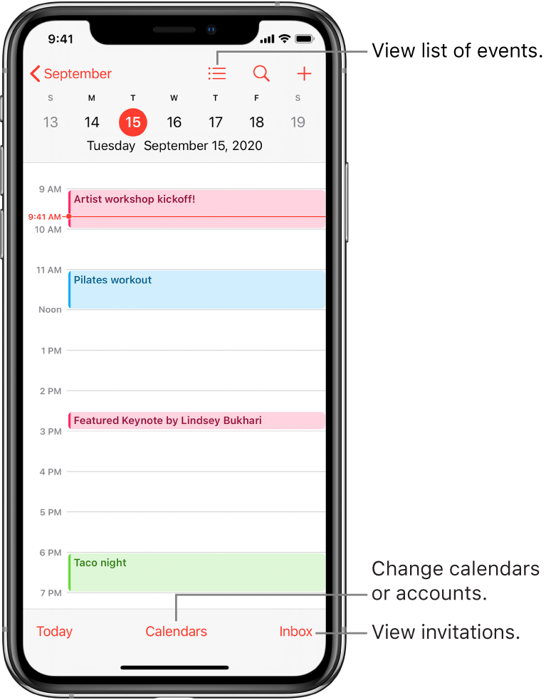 A calendar in day view showing the day’s events. Tap the Calendars button at the bottom of the screen to change calendar accounts. Tap the Inbox button at the bottom right to view invitations.