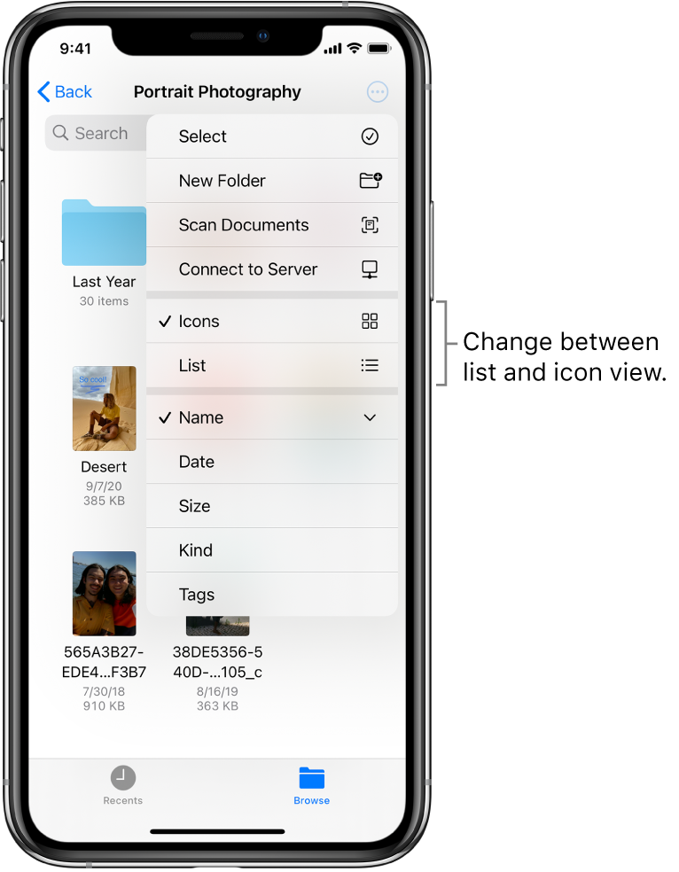 An iCloud Drive location for Photography files. The items are sorted by name and consist of a folder called Cottage remodel and six documents: Desert Stop, Karen Blue, Lakeside, Leafy Shadows, Mark Flip, and Susan Green. A button to change between list and icon view appears near the upper right.