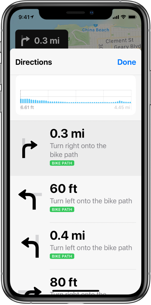 A list of turn directions for a cycling route.