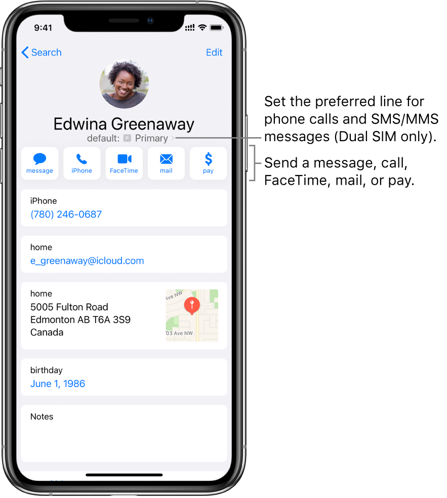 The info screen for a contact. At the top is the contact’s photo and name. Below are buttons for sending a message, making a phone call, making a FaceTime call, sending an email message, and sending money with Apple Pay. Below the buttons is the contact information.