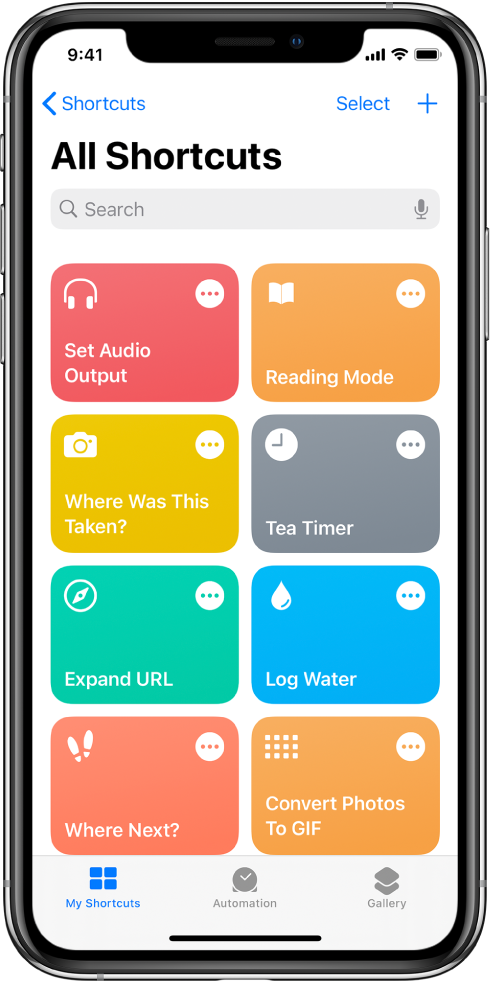 The My Shortcuts tab. A list of shortcuts to complete common everyday tasks such as setting a tea timer and finding a sushi restaurant. At the bottom are the Automation and Gallery tabs.