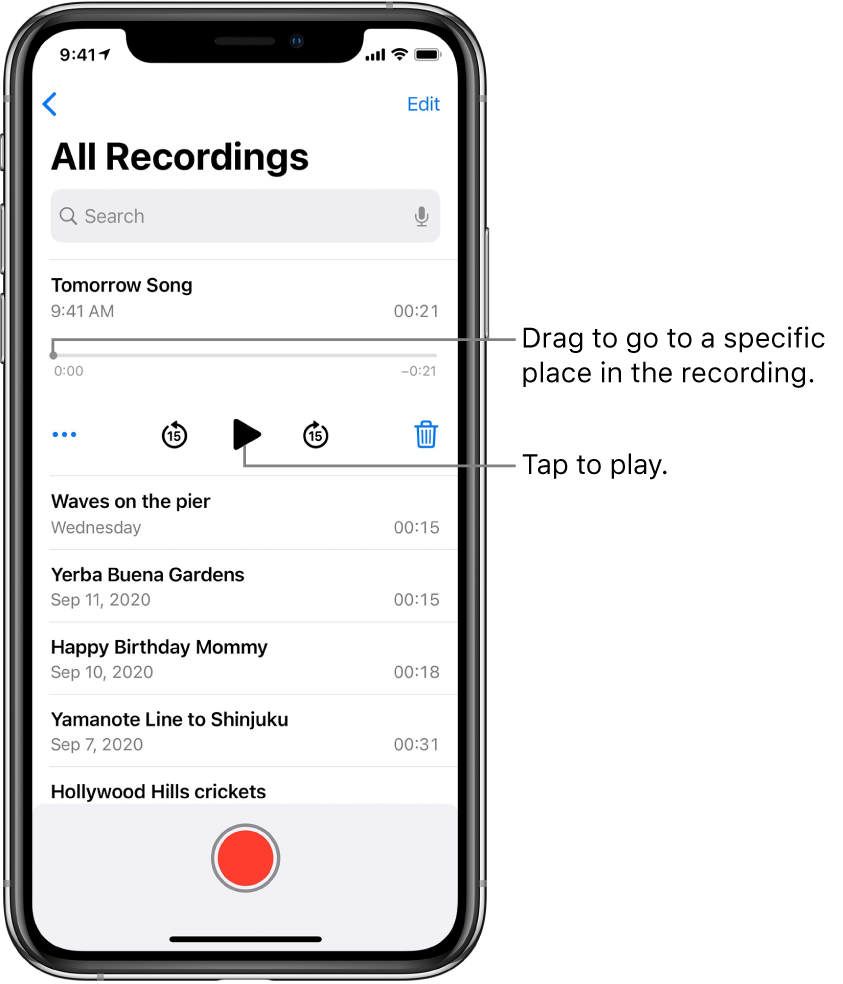 The Voice Memos list screen with a selected recording at the top. The recording timeline has a playhead, which you can drag to go to a specific place in the recording. There are beginning and end times at either end. Below the timeline are the More button, which you can tap to edit, duplicate, or share a recording, the skip back 15s button, the play button, the skip forward 15s button, and the delete button. Below these controls is a list of recordings that can be opened with a tap.