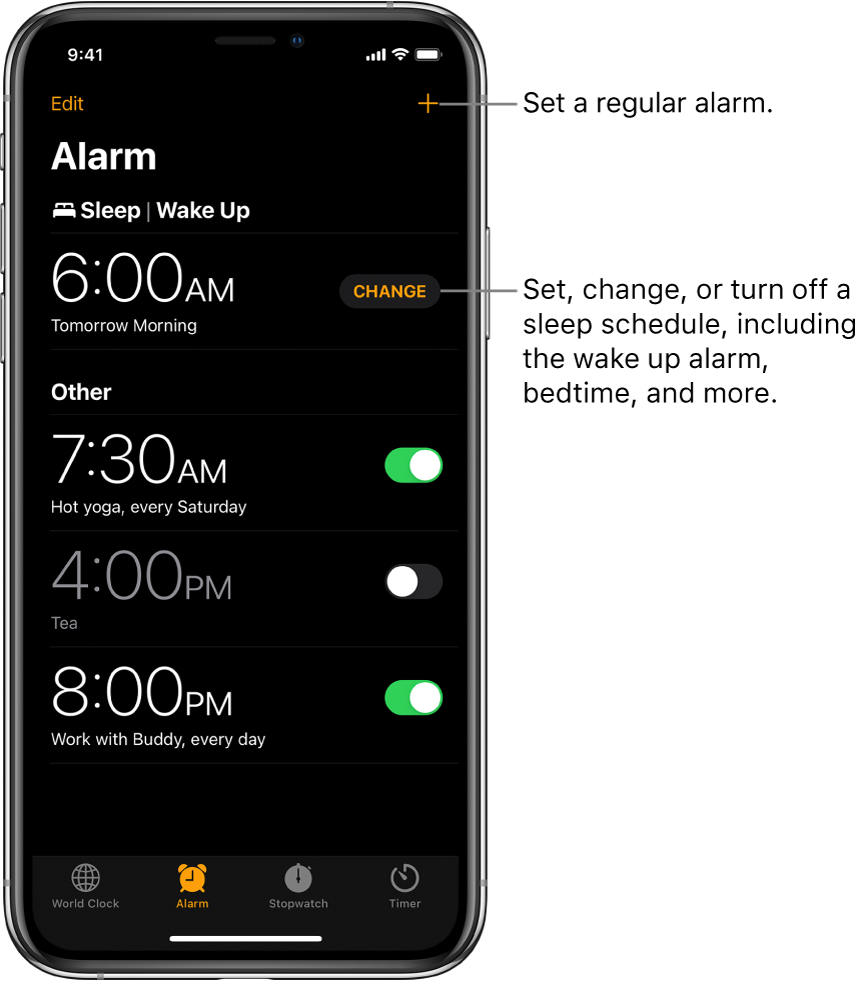 The Alarm tab, showing four alarms set for various times, the button for setting a regular alarm at the top right, and the Wake Up alarm with a button for changing the sleep schedule in the Health app.