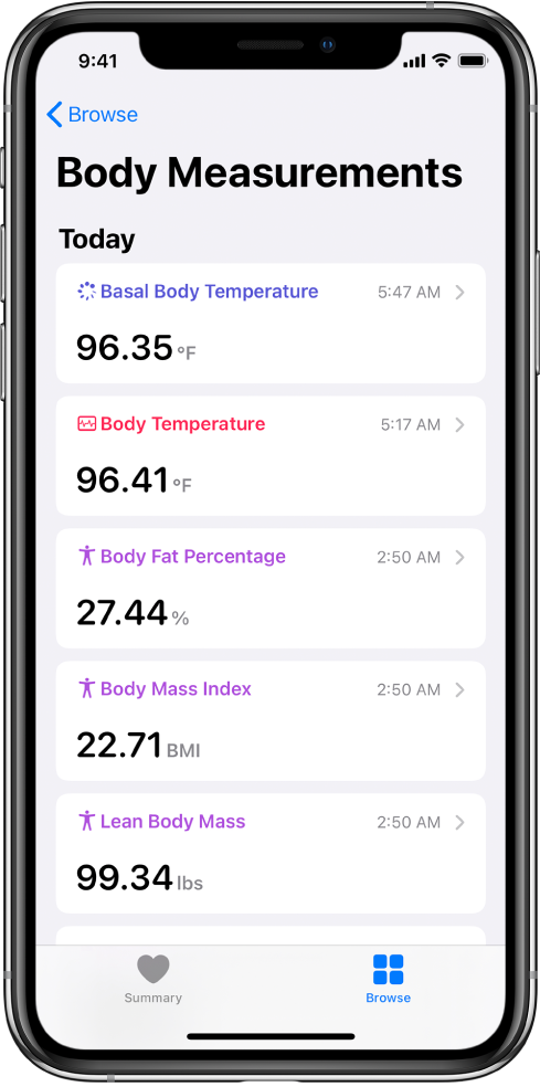 A details screen for the Body Measurements category.