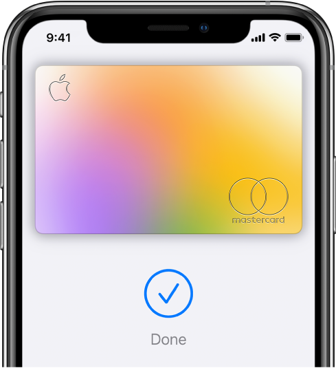 A credit card on the Wallet screen. Below the card is a checkmark and the word “Done.”