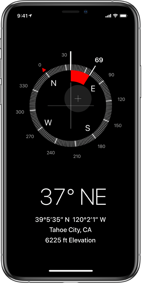 The Compass screen showing the direction iPhone is pointing, your current location, and elevation.