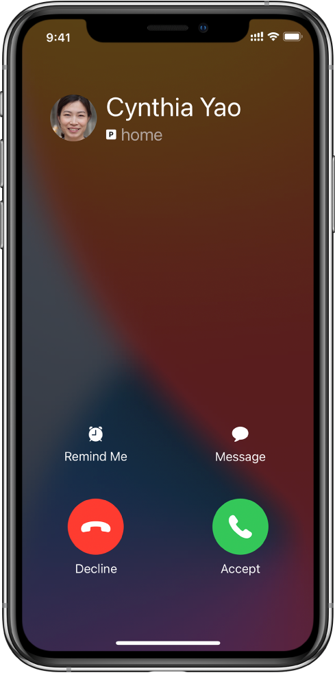 A screen showing a notification of an incoming call at the top. The Decline and Accept buttons are at the top right.