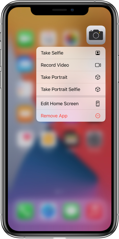 The Home Screen blurred, with the Camera quick actions menu showing below the Camera app.