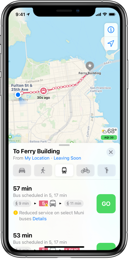 A map showing a transit route across San Francisco. The route card at the bottom of the screen includes a Go button.