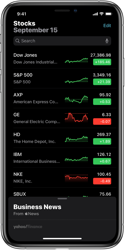A watchlist showing a list of different stocks. Each stock in the list displays, from left to right, the stock symbol and name, a performance chart, the stock price, and price change. At the top of the screen, above the watchlist, is the search field. Below the watchlist is Business News. Swipe up on Business News to display stories.