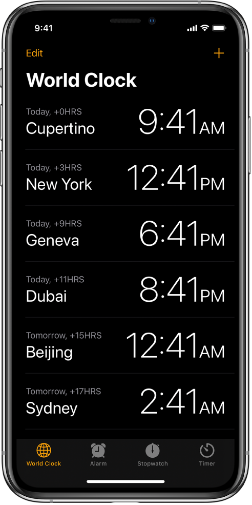 The World Clock tab, showing the time in various cities. Tap Edit in the upper-left corner to arrange the clocks. Tap the Add button in the upper right to add more. World Clock, Alarm, Stopwatch, and Timer buttons are along the bottom.