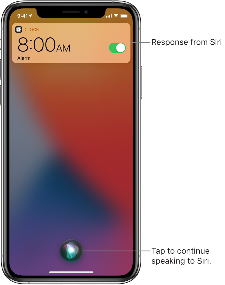 Siri on the Lock Screen. A notification from the Clock app shows that an alarm is turned on for 8:00 a.m. A button at the bottom center of the screen is used to continue speaking to Siri.