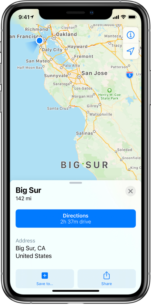 A map with an info card for Big Sur. The Directions button appears on the info card.