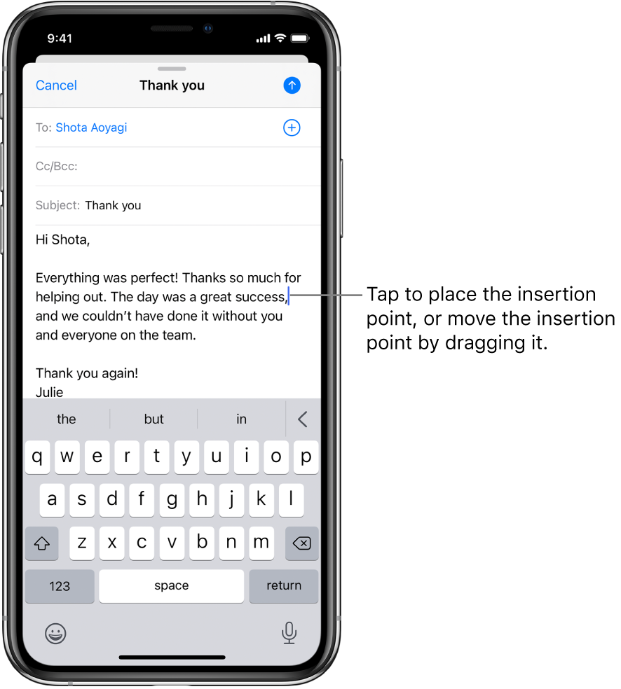 A draft email showing the insertion point positioned where text will be inserted.