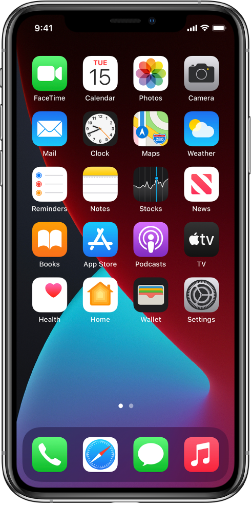 The iPhone Home Screen with Dark Mode turned on.