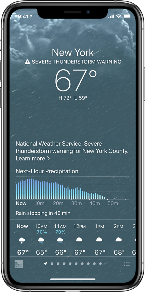 The Weather screen showing from top to bottom: the location, a severe thunderstorm warning, the current temperature, the high and low temperatures for the day, and a chart that shows the next-hour precipitation levels. At the bottom of the screen is the hourly forecast, followed by a row of dots that shows how many locations are in the location list. At the bottom right corner is the Edit Cities button.