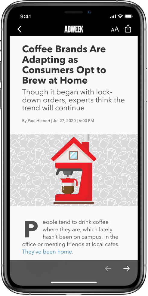 An article from Apple News. At the top-left of the screen is the Back button to return to the Stocks app. At the top-right corner of the screen are the Text Format and Share buttons. At the bottom-right corner is the Next Page button.