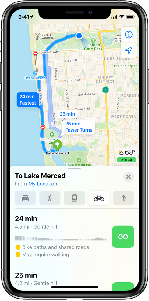 A map showing multiple cycling routes. The route information on the bottom provides details for the routes, including estimated times, elevation changes, and the types of roads. A Go button appears next to each choice on the route information.