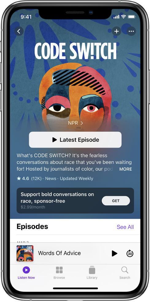 The Listen Now screen showing a podcast with an available subscription option.