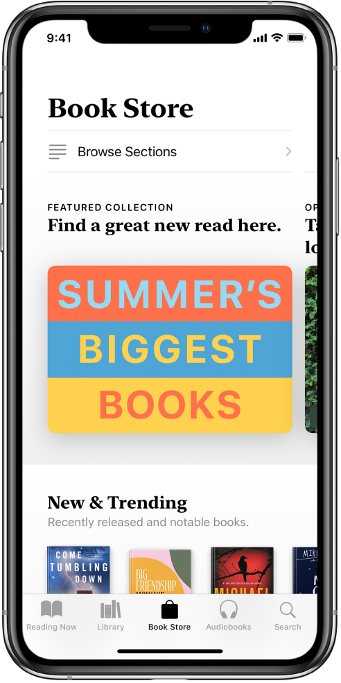 In the Books app, a screen in the Book Store. At the bottom of the screen are, from left to right, the Reading Now, Library, Book Store, AudioBooks, and Search tabs--the Book Store tab is selected. The screen also shows books and categories of books to browse and purchase.