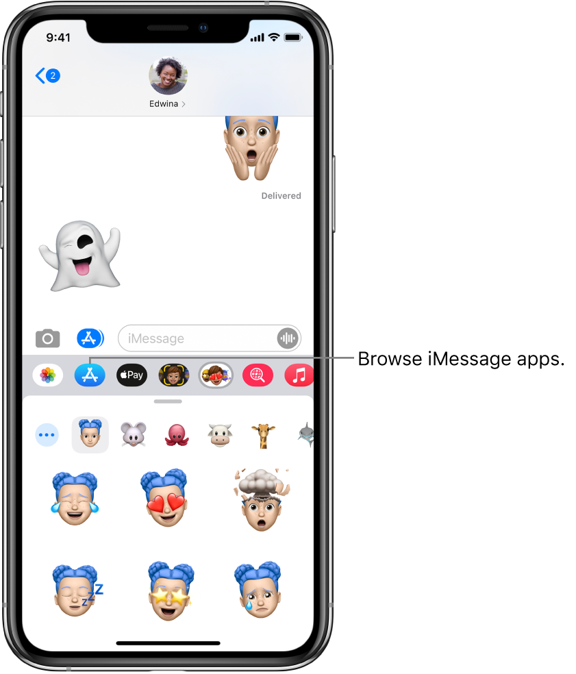 A Messages conversation, with the iMessage App Browser button selected. The open app drawer shows smiley stickers.