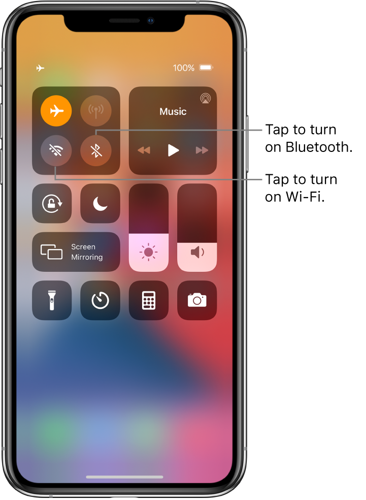 Control Center with airplane mode on. The buttons for turning on Wi-Fi and Bluetooth are near the upper-left corner of the screen.