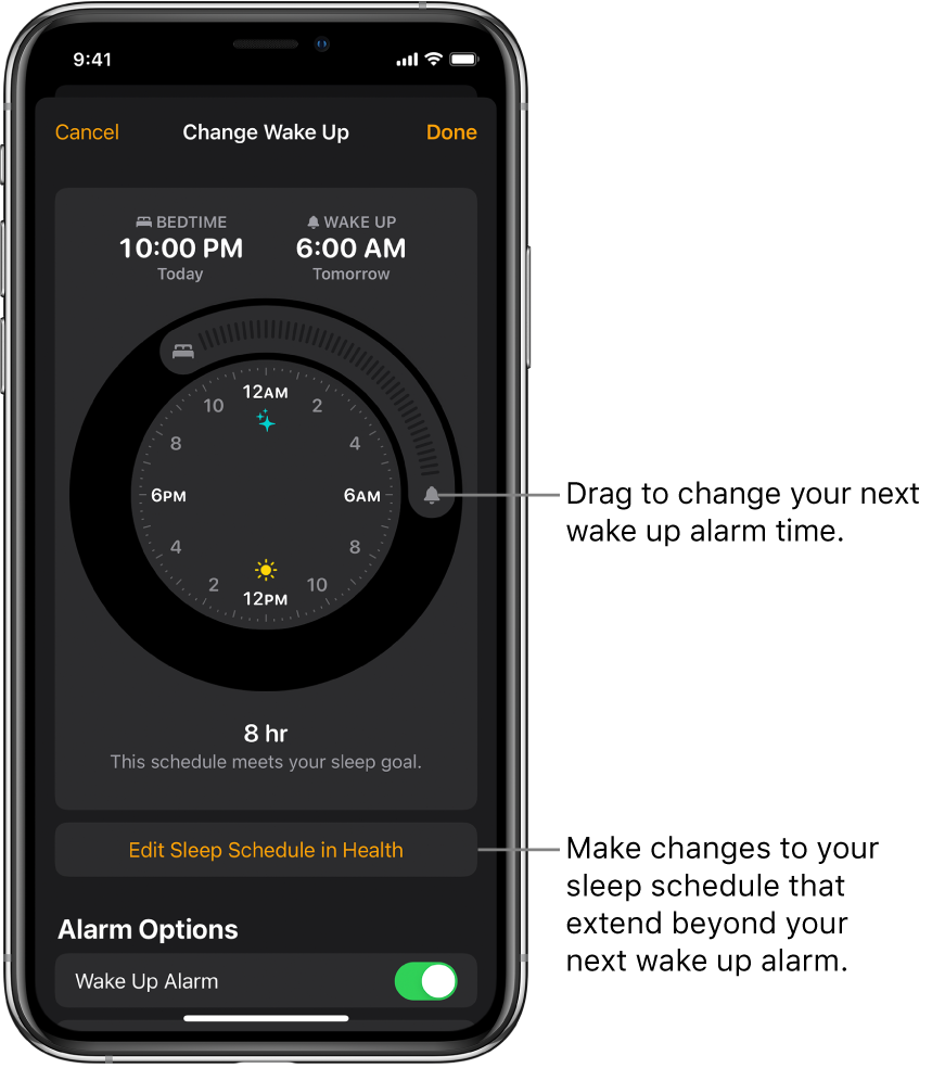 A screen for changing tomorrow’s wake up alarm, with buttons to drag for changing the bedtime and wake up time, a button for changing the sleep schedule in the Health app, and a button for turning the Wake Up alarm off or on.
