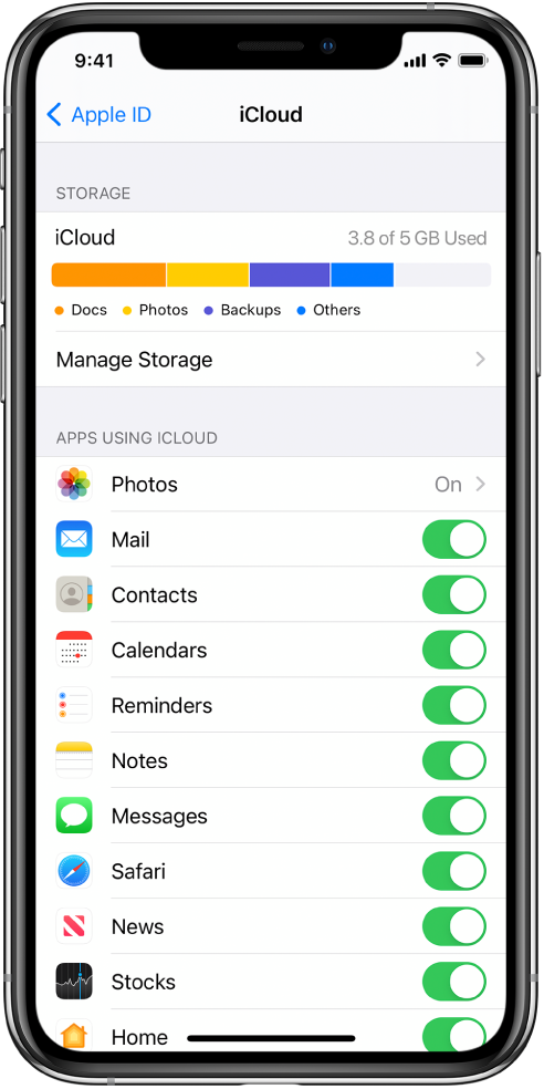 The iCloud settings screen showing the iCloud storage meter and a list of apps and features, including Mail, Contacts, and Messages, that can be used with iCloud.