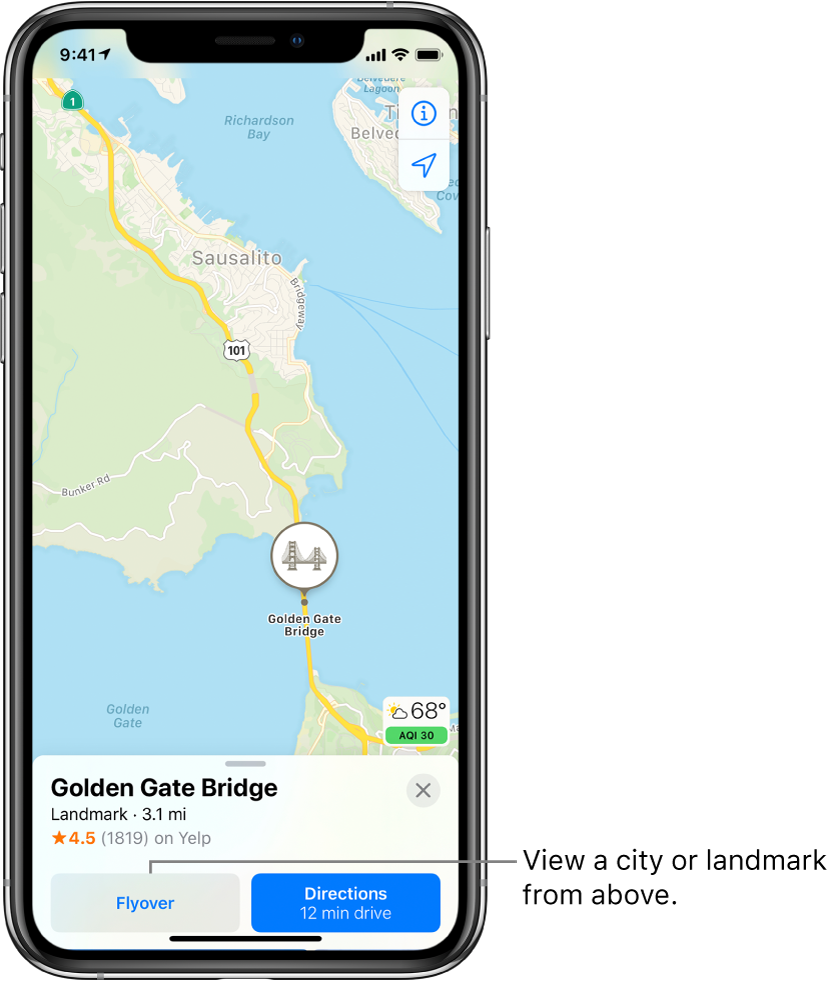 A map of San Francisco. On the bottom of the screen, an information card for the Golden Gate Bridge shows a Flyover button to the left of a Directions button.