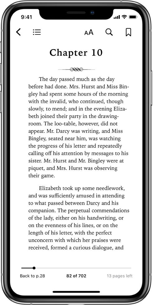 The page of a book open in the Books app with buttons at the top of the screen, from left to right, for closing the book, viewing the table of contents, changing the text, searching, and bookmarking. There’s a slider at the bottom of the screen.