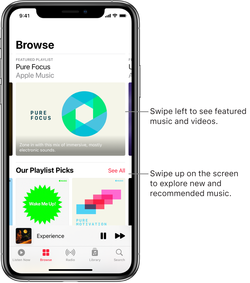 The Browse screen showing featured music at the top. You can swipe left to see more featured music and videos. An Our Playlist Picks section appears below, showing two Apple Music stations. A See All button is shown to the right of You Gotta Hear. You can swipe up on the screen to explore new and recommended music.