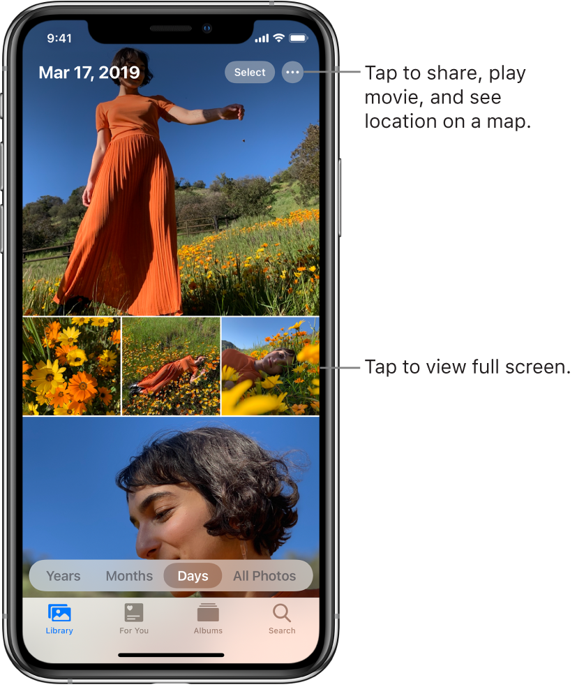 The photo library displayed in Days view. A selection of photo thumbnails fills the screen. In the top left of the screen are the date and location where the photos were taken. In the top right are the Select and More Options buttons to share photos and see details. Below the thumbnails are options to view the photo library by Years, Months, Days, and All Photos. Along the bottom are the Library, For You, Albums, and Search tabs.