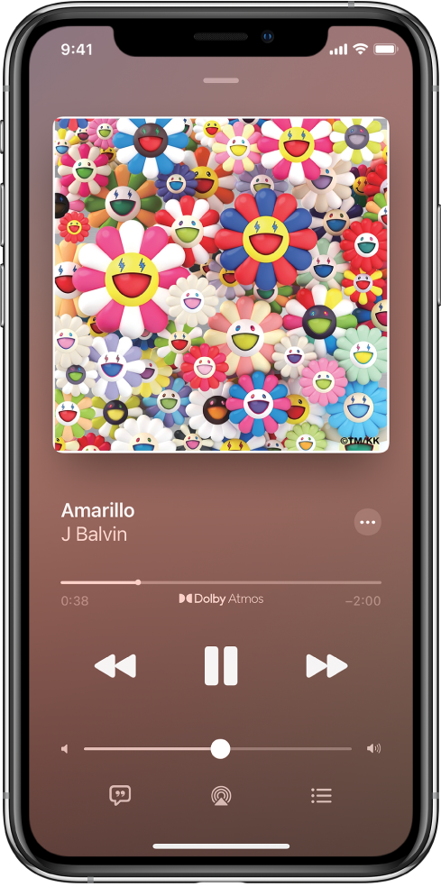 The Now Playing screen showing the Dolby Atmos badge below the playhead.