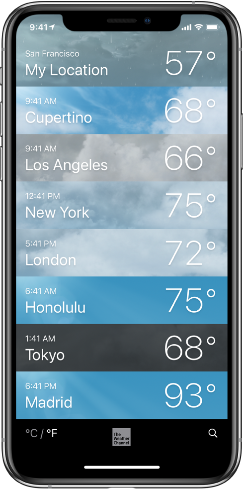 A list of cities showing the time and current temperature for each.