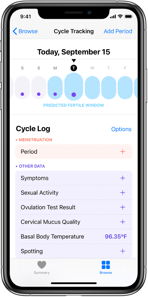 The Cycle Tracking screen showing the timeline for a week at the top of the screen. Purple dots mark the first four days on the timeline, and the last five days are light blue. Below the timeline are options to add information about periods, symptoms, and more.