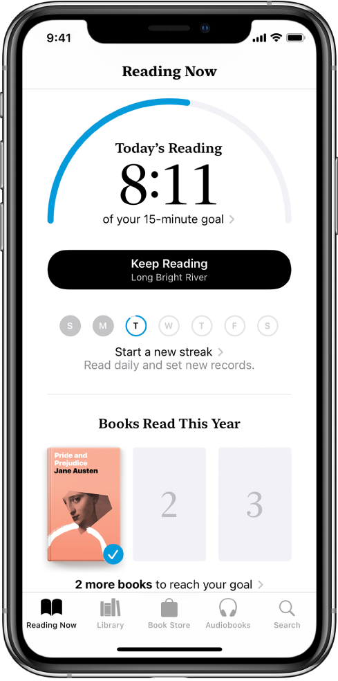 The Reading Goals section in Reading Now. The reading counter shows that 10 minutes of a 20-minute goal have been completed. Below the counter is a Keep Reading button, and circles that show the days of the week, Sunday through Saturday and blue outlines around the circle indicate the reading progress for the day. At the bottom of the page are the covers of Books Read This Year.