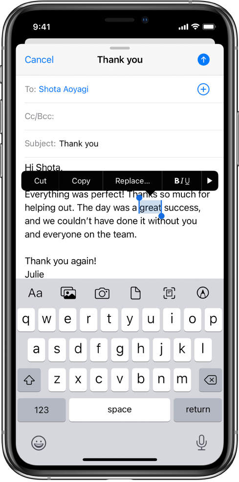 A sample email message with some of the text selected. Above the selection are the Cut, Copy, Paste, bold/italics/underline, and Show More buttons. The selected text is highlighted, with handles at either end.