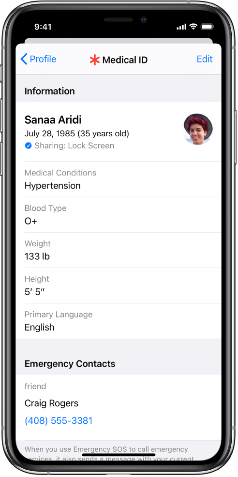 A Medical ID screen containing information including birth date, medical conditions, medications, and an emergency contact.