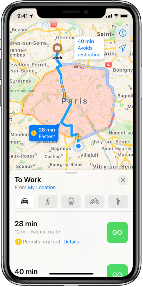 A road map with Paris in the center showing a fast route directly across the city and a slower route around the city that avoids restrictions.