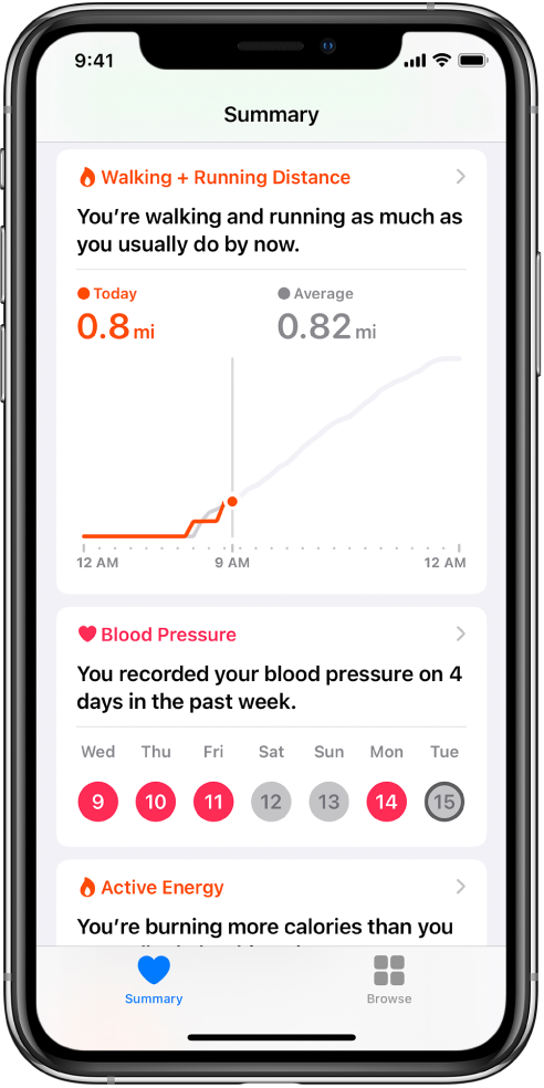 A Summary screen showing highlights that include the walking and running distance for the day and the number of days in the past week that blood pressure was recorded.