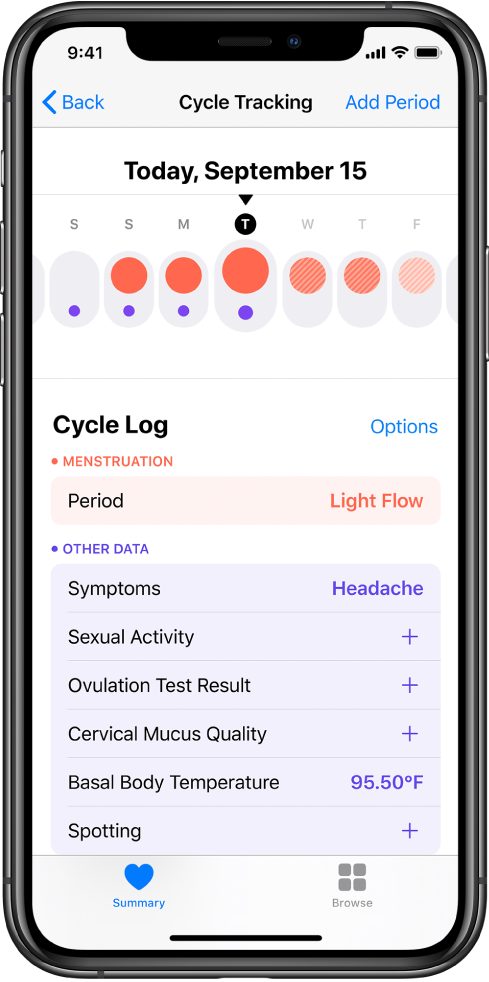 The Cycle Tracking screen in the Health app.