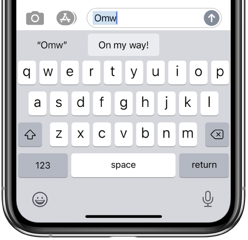 A message with the text shortcut OMW typed and the phrase “On my way!” suggested below as replacement text.