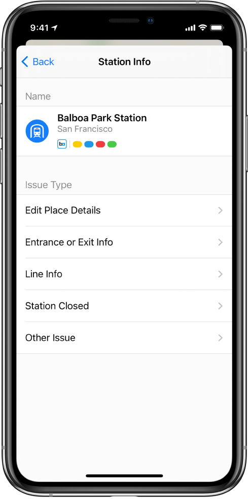 A screen for reporting incorrect information for a transit station. Issue types available to report are Edit Place Details, Entrance or Exit Info, Line Info, Station Closed, and Other Issue.
