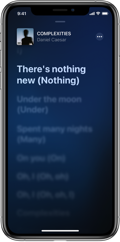 The lyrics screen showing the song title, artist name, and More button at the top. The current lyric is highlighted with succeeding lyrics dimmed.